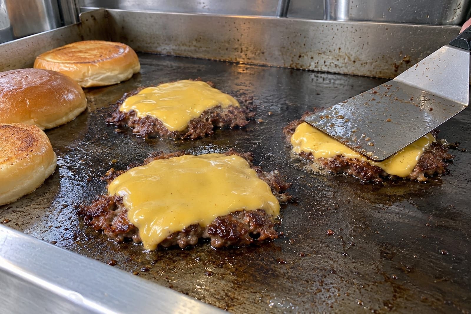 Gesmashte Pattys mit geschmolzenem Käse auf der heißen Grillplatte